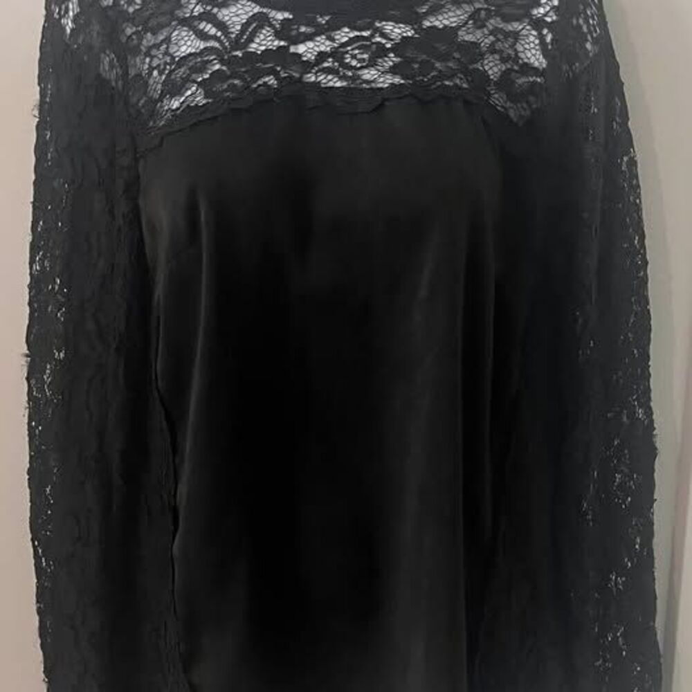 Listicle Black Lace Romantigoth Blouse Mock Neck Eyelash Trim Long Sleeve L